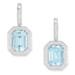 A PAIR OF AQUAMARINE AND DIAMOND EARRINGS in white gold, set with radiant cut aquamarines