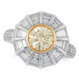 A 1.08 CARAT FANCY YELLOW AND WHITE DIAMOND DRESS RING set with a round cut fancy yellow diamond