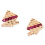 A PAIR OF RUBY CUFFLINKS, PAUL FLATO in 14ct yellow gold, in fluted square design, set with a