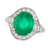 AN EMERALD AND DIAMOND CLUSTER RING set with an oval cut emerald of 6.64 carats in a cluster of