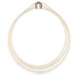 AN ANTIQUE PEARL NECKLACE in yellow gold, comprising three rows of graduated natural saltwater and