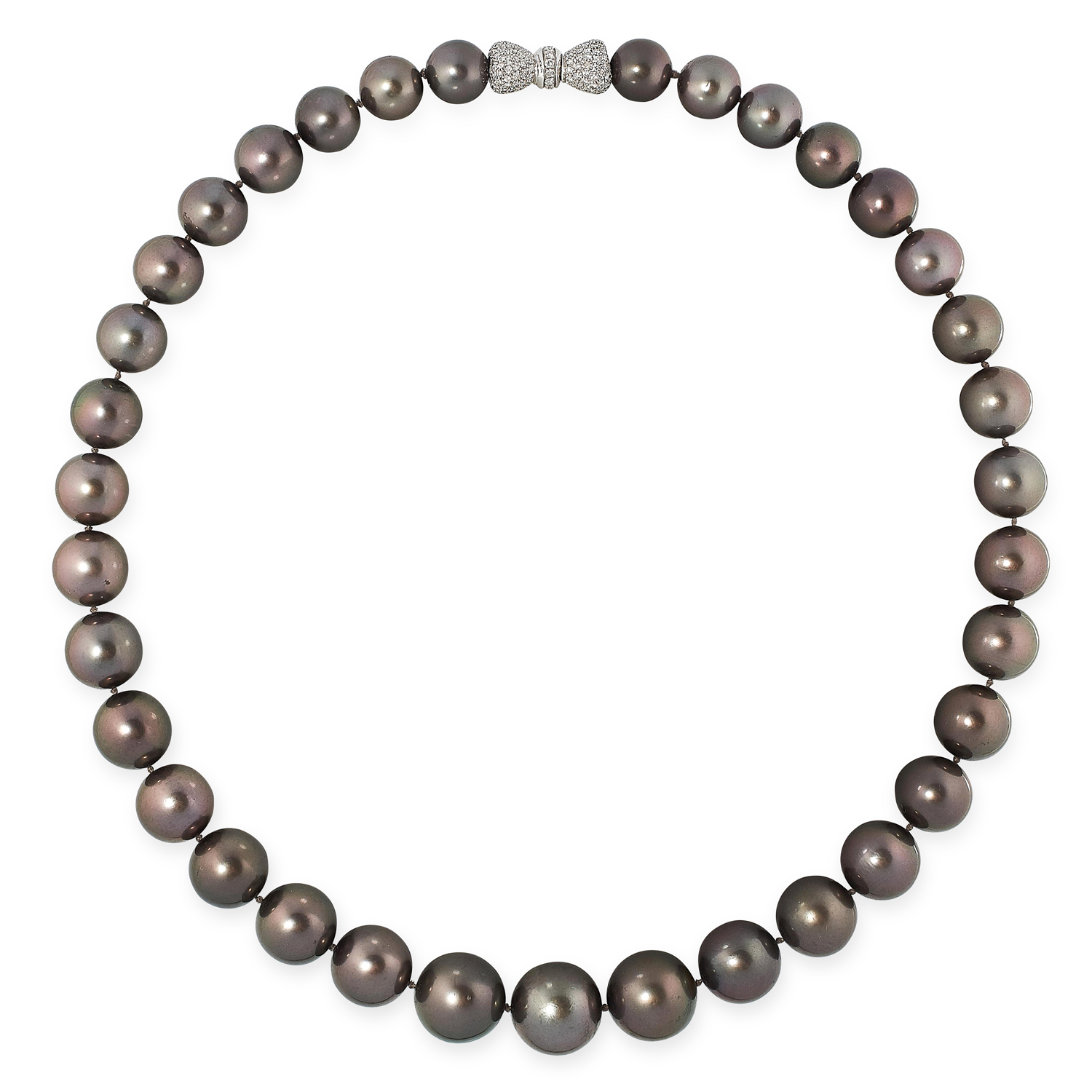 A PEARL AND DIAMOND NECKLACE comprising a single row of thirty-five graduated black Tahitian