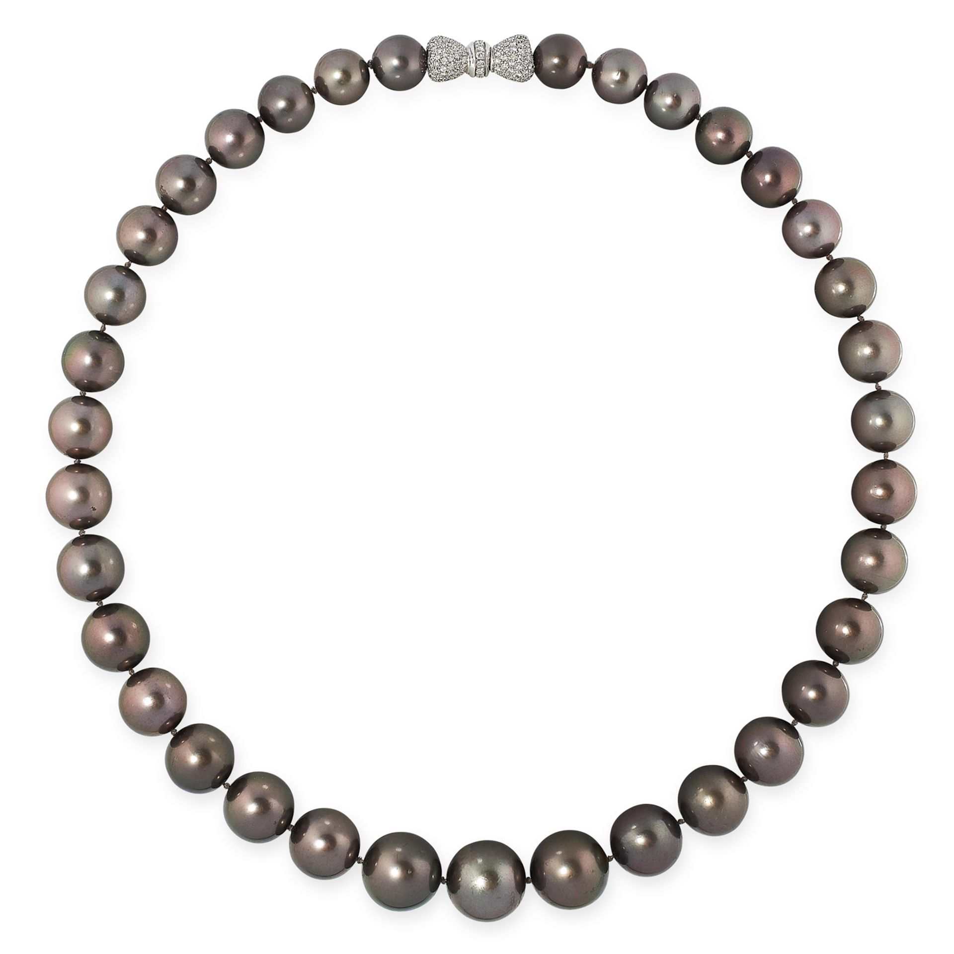 A PEARL AND DIAMOND NECKLACE comprising a single row of thirty-five graduated black Tahitian
