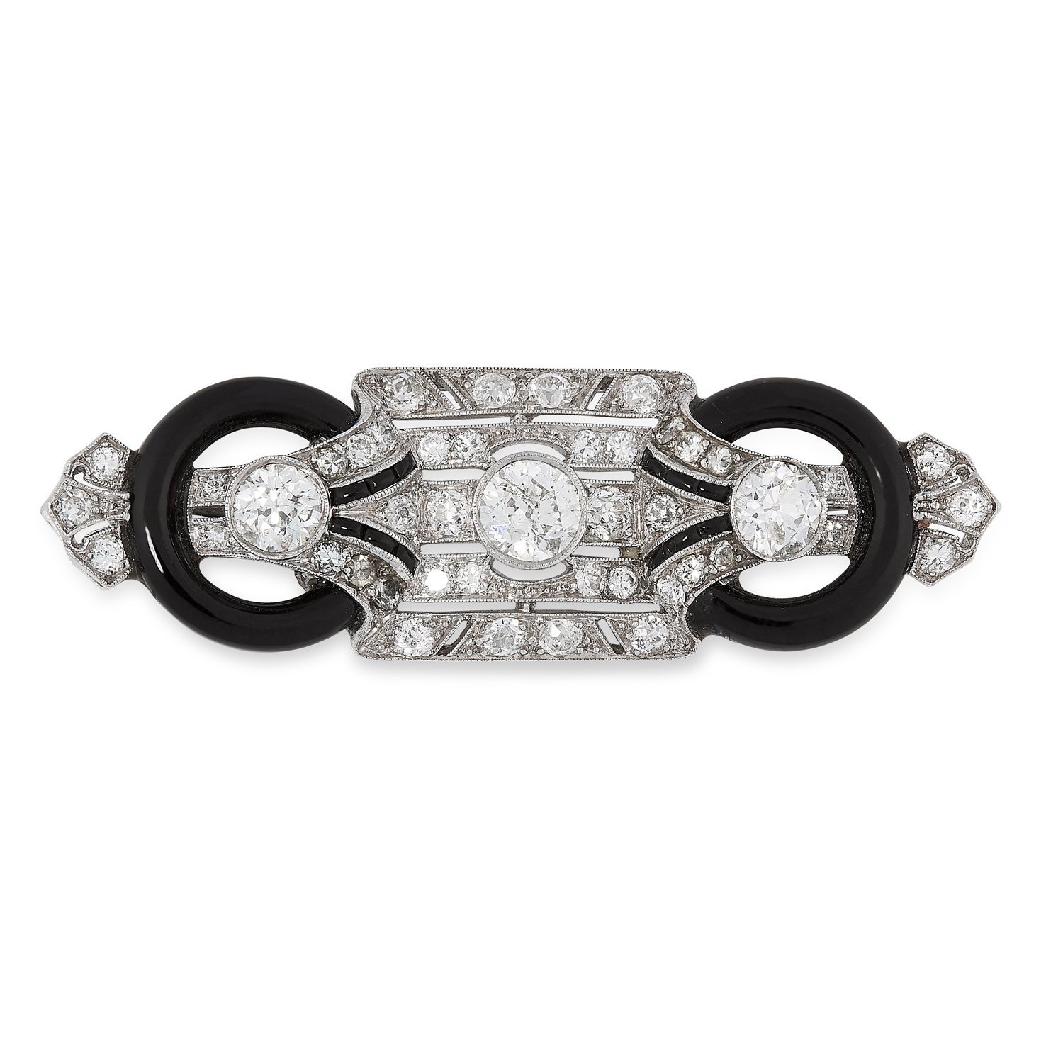 AN ART DECO ONYX AND DIAMOND BROOCH in 18ct white gold, set with a trio of old cut diamonds of 0.52,