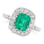 A COLOMBIAN EMERALD AND DIAMOND CLUSTER RING in platinum, set with an emerald cut emerald of 1.09