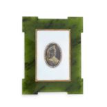AN ANTIQUE IMPERIAL RUSSIAN DIAMOND, NEPHRITE JADE AND ENAMEL PHOTOGRAPH FRAME, FABERGE 1886-98 in