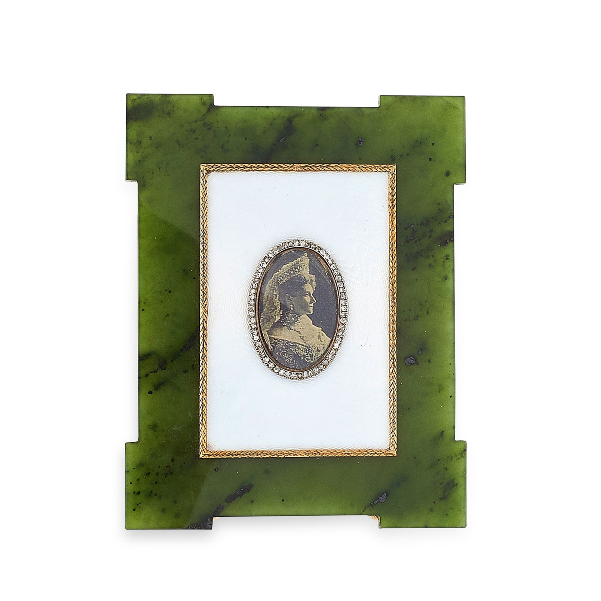 AN ANTIQUE IMPERIAL RUSSIAN DIAMOND, NEPHRITE JADE AND ENAMEL PHOTOGRAPH FRAME, FABERGE 1886-98 in