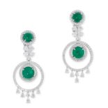 A PAIR OF EMERALD AND DIAMOND DROP EARRINGS each comprising of circular links set with round