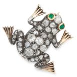 AN ANTIQUE DIAMOND AND EMERALD FROG BROOCH in yellow gold and silver, set with old cut diamonds