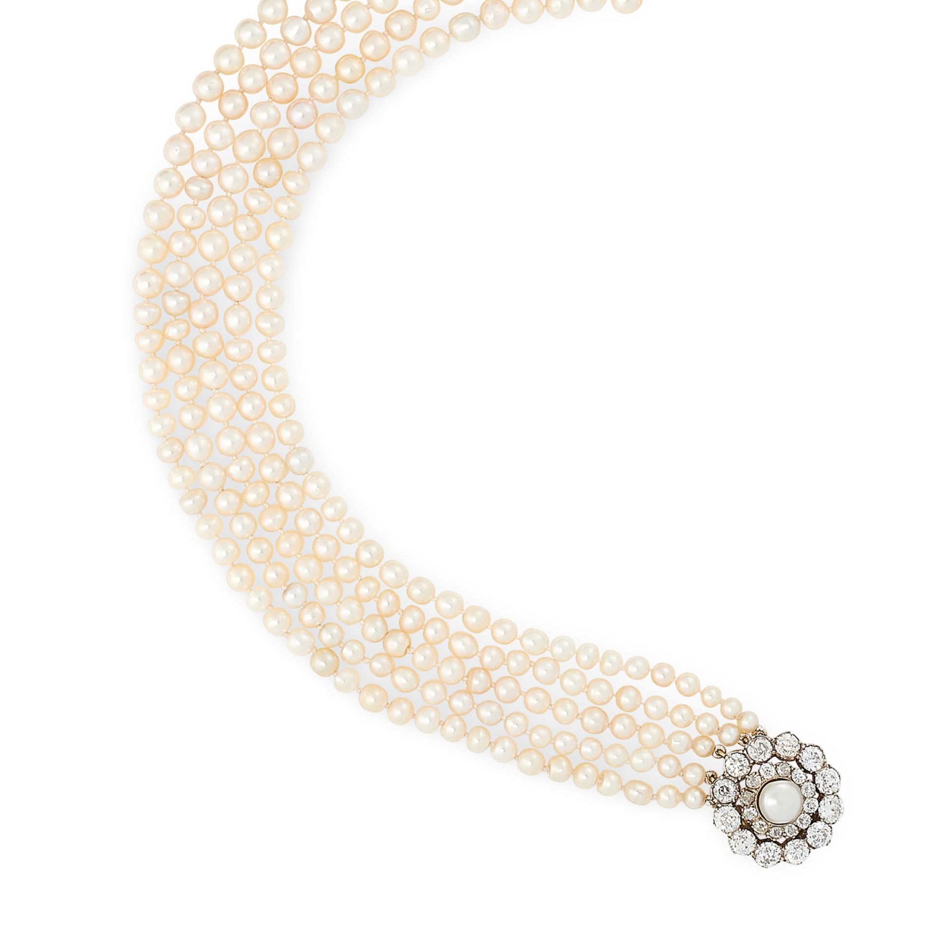 A NATURAL PEARL AND DIAMOND FIVE ROW NECKLACE in high carat yellow gold, comprising five rows of - Bild 2 aus 2