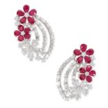 A PAIR OF RUBY AND DIAMOND FLOWER SPRAY EARRINGS comprising of floral clusters of pear cut rubies