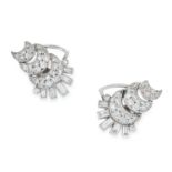 A PAIR OF VINTAGE DIAMOND CLIP EARRINGS, 1950s in 18ct white gold, each designed as a trio of