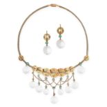 AN ANTIQUE ROCK CRYSTAL, TURQUOISE AND ENAMEL NECKLACE AND EARRING SUITE in yellow gold,