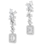 A PAIR OF DIAMOND DROP EARRINGS comprising of a row of asscher, baguette, round and emerald cut