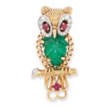 A VINTAGE EMERALD, RUBY AND DIAMOND OWL BROOCH, CARTIER CIRCA 1950 in 18ct yellow gold, designed