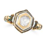 AN ANTIQUE DIAMOND AND ENAMEL RING, 17TH OR 18TH CENTURY in high carat yellow gold, set with a