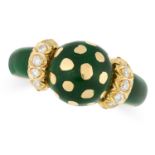 AN ENAMEL AND DIAMOND DRESS RING in high carat yellow gold, designed as a ball decorated in green