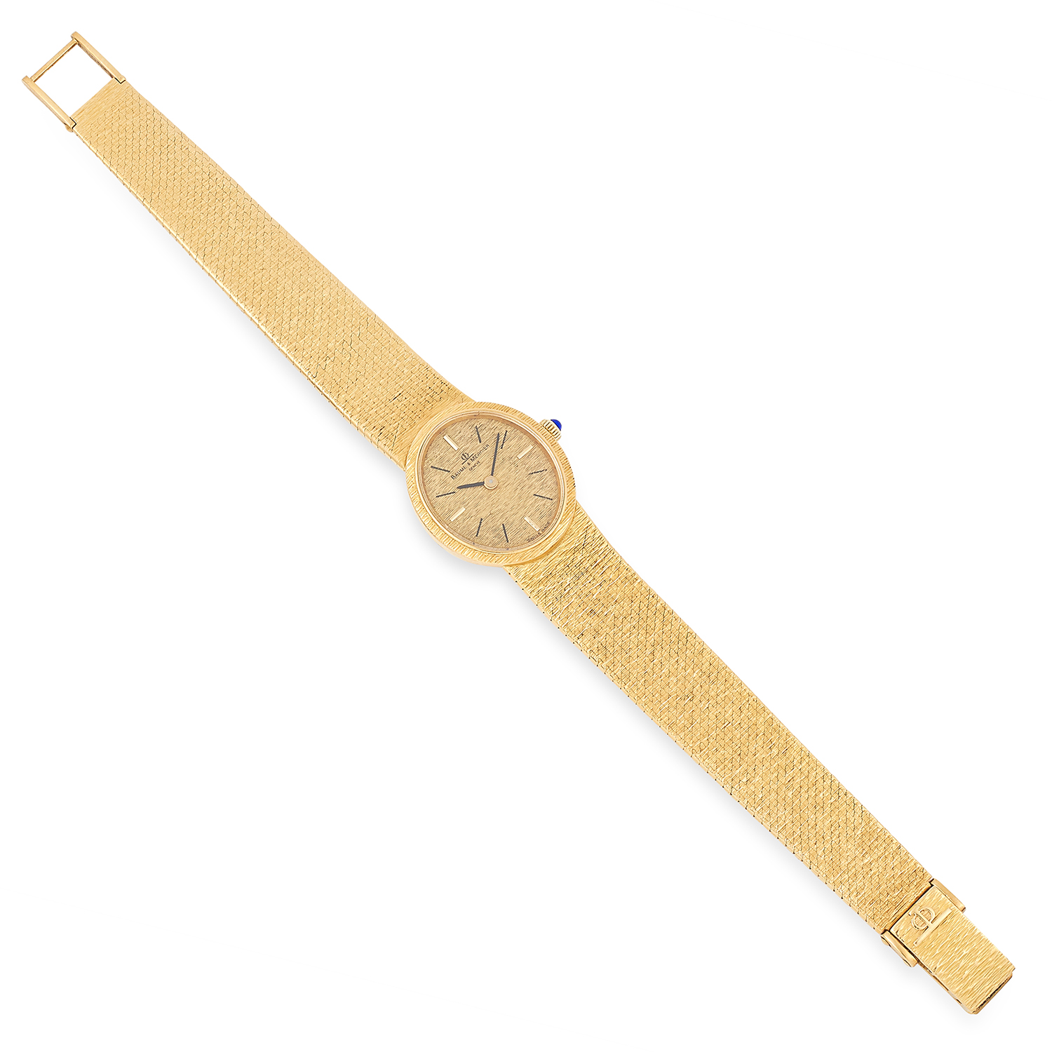 A VINTAGE LADIES WRISTWATCH, BAUME & MERCIER in 18ct yellow gold, on a textured gold strap,