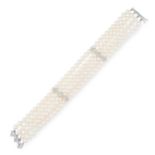 A CULTURED PEARL AND DIAMOND BRACELET in 18ct white gold, comprising four rows of pearls with