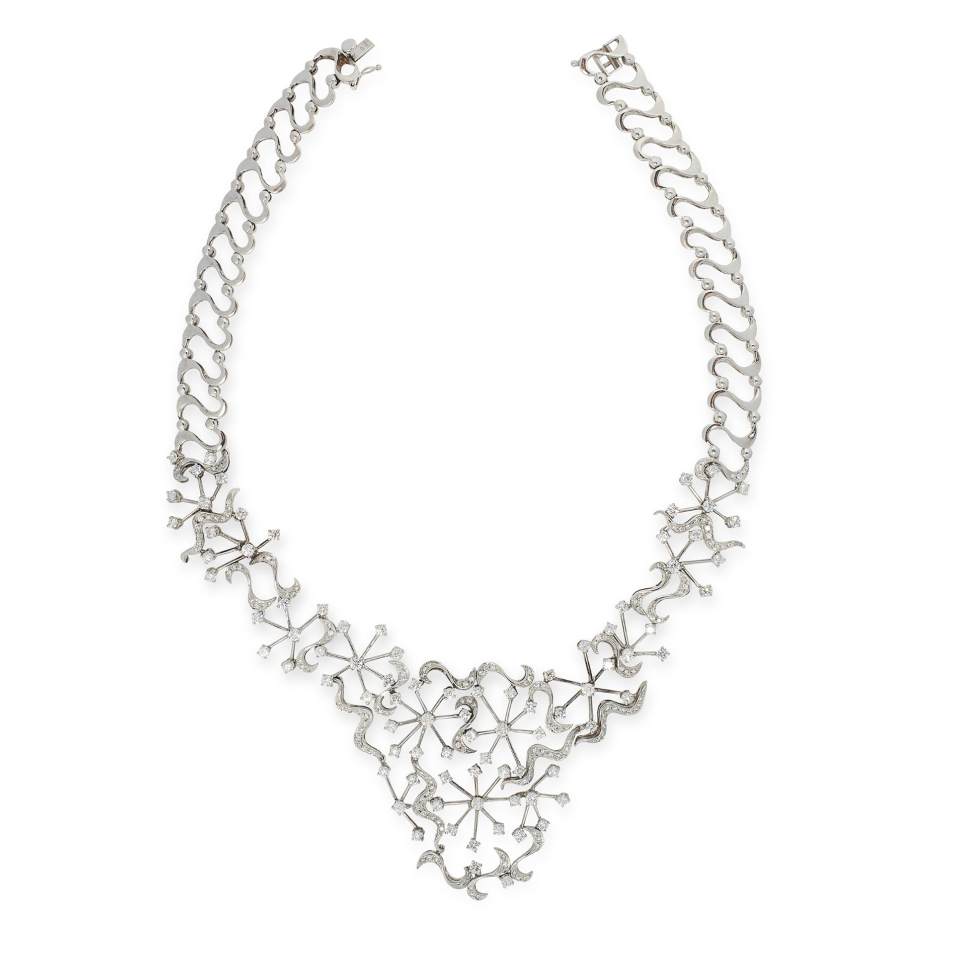 A DIAMOND COLLAR NECKLACE in 18ct white gold, in scrolling open framework design set with round