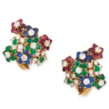 A PAIR OF VINTAGE RUBY, SAPPHIRE, EMERALD AND DIAMOND CLIP EARRINGS, 1960s in high carat yellow