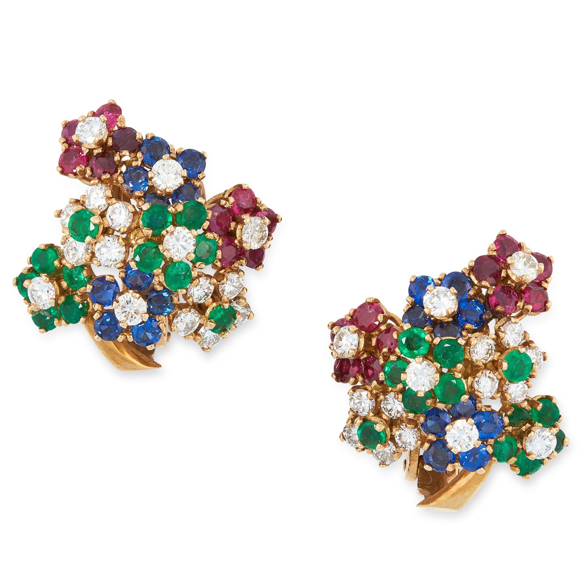 A PAIR OF VINTAGE RUBY, SAPPHIRE, EMERALD AND DIAMOND CLIP EARRINGS, 1960s in high carat yellow