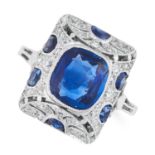 AN ART DECO BURMA NO HEAT SAPPHIRE AND DIAMOND RING in platinum, set with a cushion cut sapphire