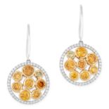 A PAIR OF FANCY YELLOW, GREEN AND WHITE DIAMOND EARRINGS in white and yellow gold, in circular