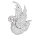 A DIAMOND AND RUBY SWAN BROOCH designed as a swan, the body set with round cut diamonds totalling