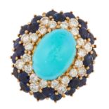 A VINTAGE TURQUOISE, SAPPHIRE AND DIAMOND RING, BEN ROSENFELD 1972 in 18ct yellow gold, set with