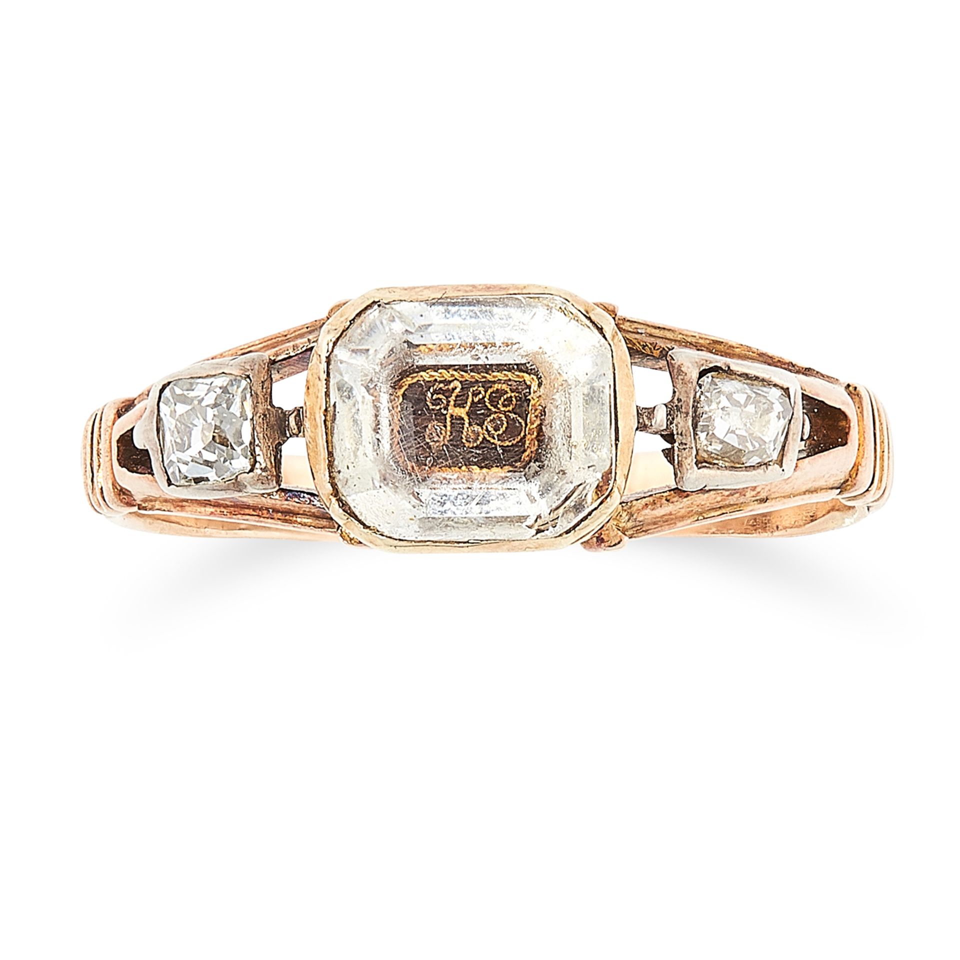 AN ANTIQUE STUART CRYSTAL AND DIAMOND MOURNING RING, 18TH CENTURY in high carat yellow gold, set