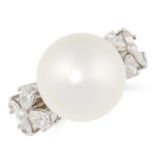 A PEARL AND DIAMOND RING set with a cultured pearl of 12.63mm between quatrefoil clusters of pear