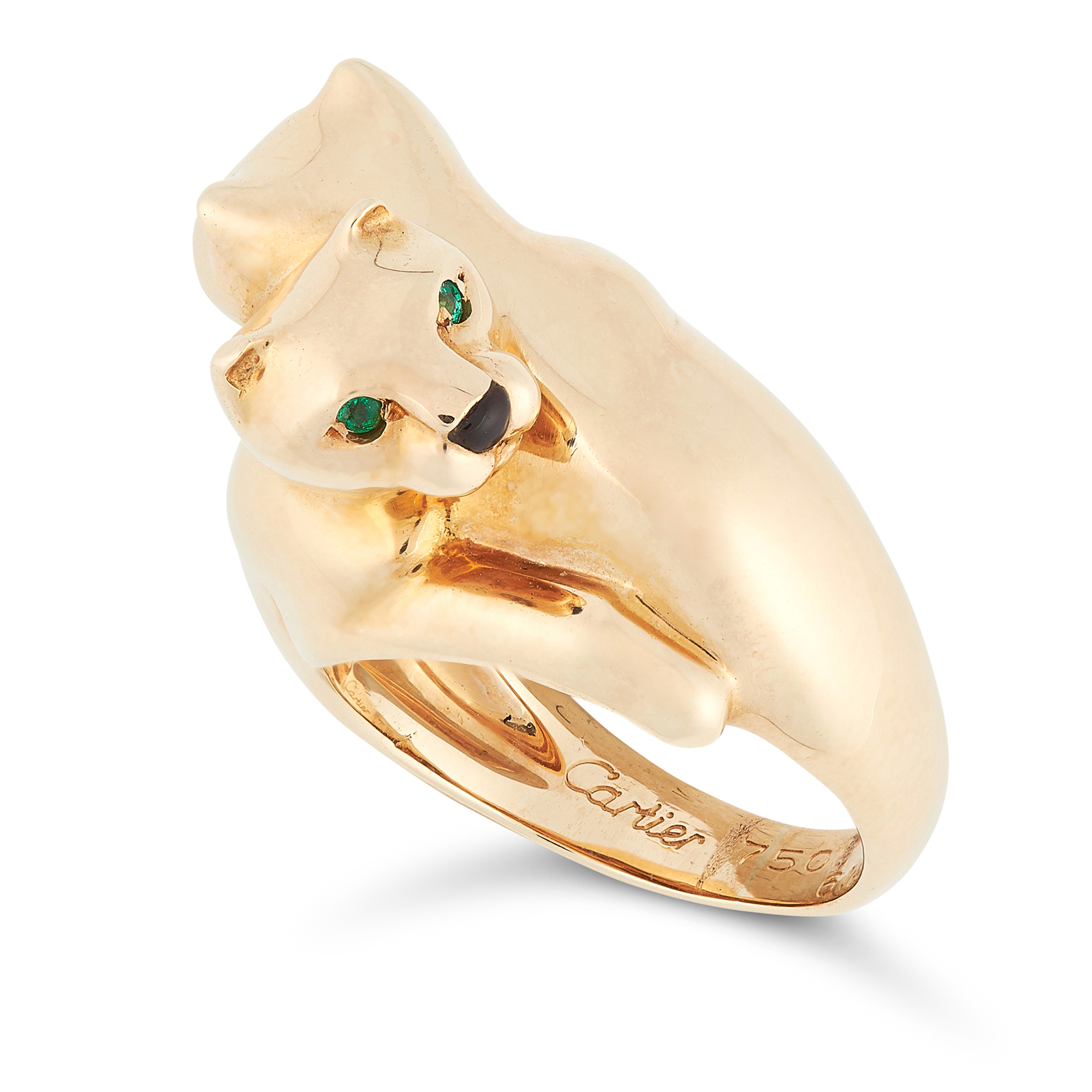 AN EMERALD AND ONYX DOUBLE PANTHER RING, CARTIER in 18ct yellow gold, designed as two interlocking