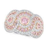 A FANCY INTENSE PINK AND WHITE DIAMOND RING in platinum, in swirling design, set with round cut