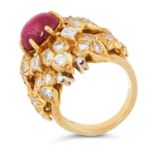 A VINTAGE RUBY AND DIAMOND RING, BEN ROSENFELD 1974 in 18ct yellow gold, set with an oval cabochon