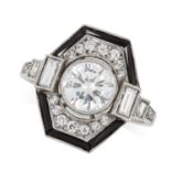 A DIAMOND AND ONYX DRESS RING in Art Deco design, set with a round cut diamond of 1.05 carats in a