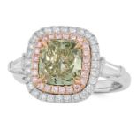 A FANCY GREEN, PINK AND WHITE DIAMOND RING set with a central cushion cut fancy green diamond of 2.