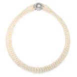 A NATURAL PEARL AND DIAMOND FIVE ROW NECKLACE in high carat yellow gold, comprising five rows of
