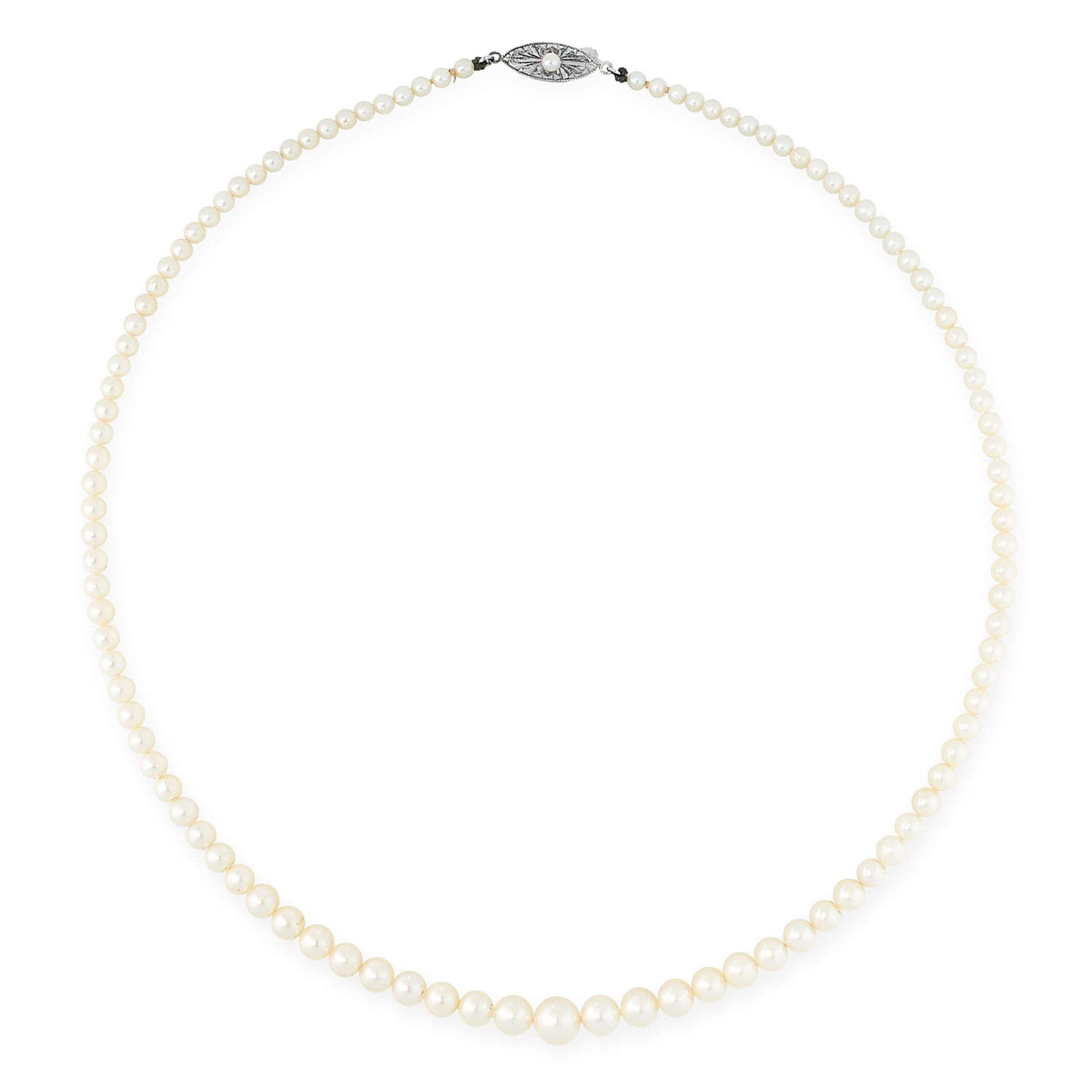 A PEARL NECKLACE comprising a single row of pearls ranging 7.3-3.1mm, on a pearl set clasp, 46.0cm /