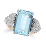 AN ART DECO AQUAMARINE AND DIAMOND RING in yellow gold, set with an emerald cut aquamarine of 5.00