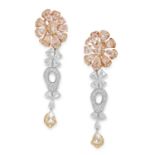 A PAIR OF DIAMOND FLORAL DROP EARRINGS comprising of floral clusters set with round and rose cut