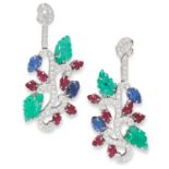 A PAIR OF EMERALD, SAPPHIRE, RUBY AND DIAMOND TUTTI FRUTTI EARRINGS set with round brilliant cut