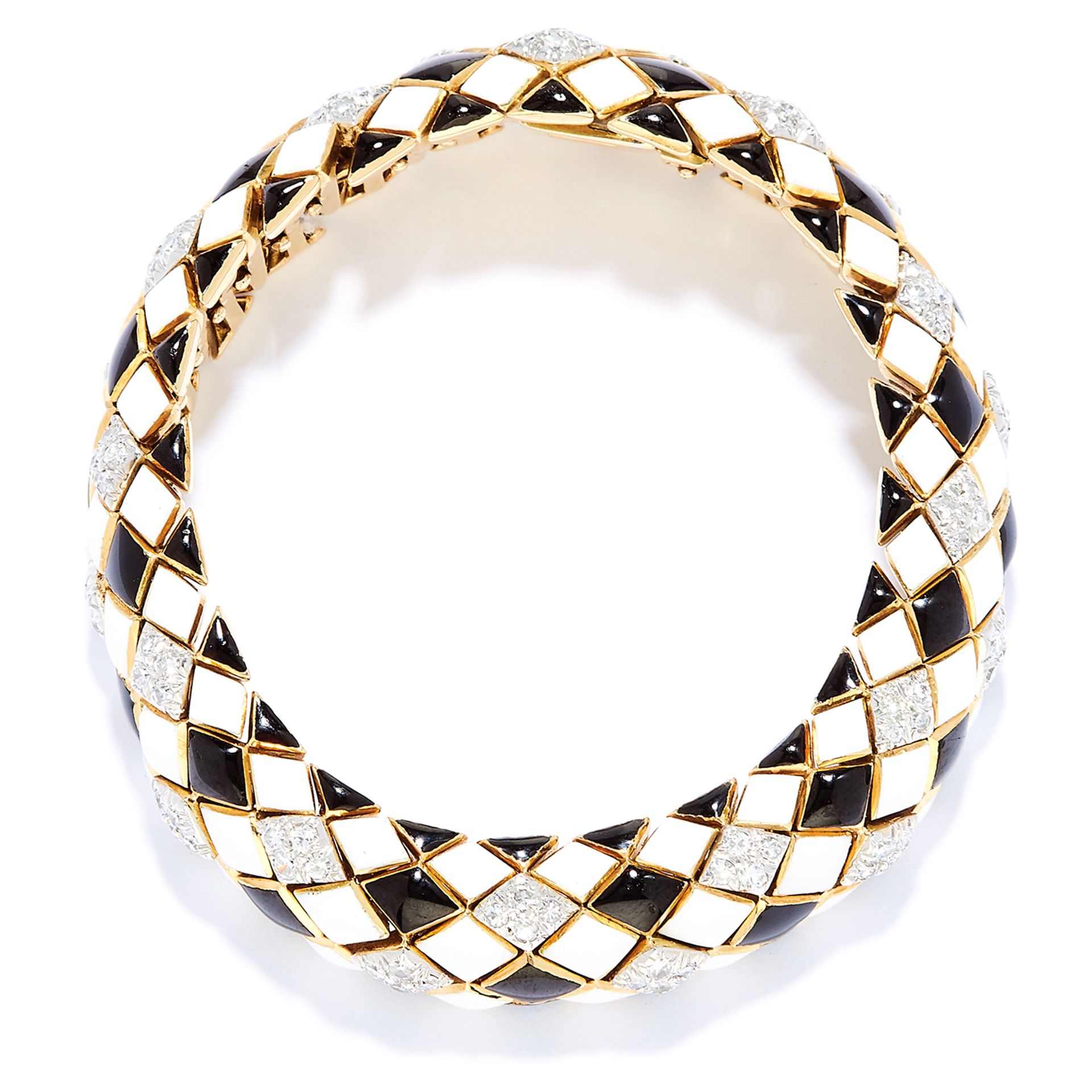 A VINTAGE ENAMEL AND DIAMOND HARLEQUIN BRACELET, DAVID WEBB in 18ct yellow gold, the articulated