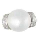 AN NATURAL PEARL AND DIAMOND RING set with a pearl of 15.1mm x 14.3mm between shoulders set with