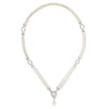 AN ANTIQUE BELLE EPOQUE NATURAL PEARL AND DIAMOND SAUTOIR NECKLACE comprising of three rows of