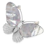 A DIAMOND AND MOTHER OF PEARL BUTTERFLY BROOCH set with mother of pearl slices forming the top