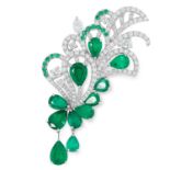AN EMERALD AND DIAMOND PENDANT in foliate design set with round, pear and marquise cut diamonds