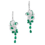 A PAIR OF EMERALD AND DIAMOND DROP EARRINGS in foliate design set with round and marquise cut