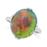 A BLACK OPAL DRESS RING set with a cabochon black opal of 5.19 carats, unmarked, size L / 6, 4.8g.