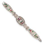 A VINTAGE DIAMOND, RUBY, SAPPHIRE AND EMERALD BRACELET, CIRCA 1960 in retro design set with baguette